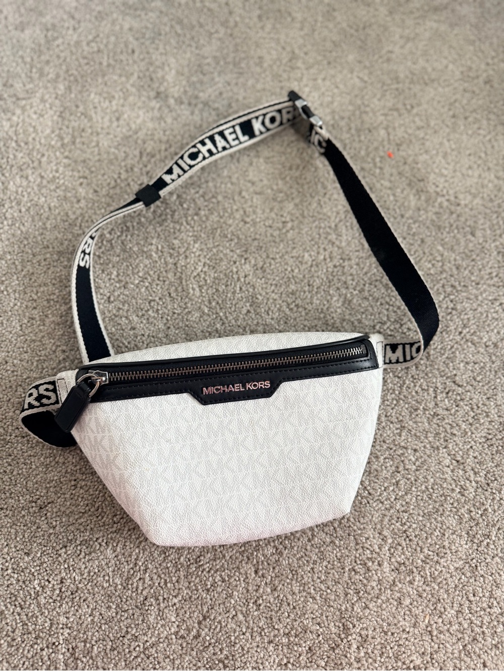 Michael Kors White Logo-Print Crossbody Belt Bag with Black Trim
